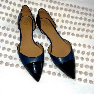Tory Burch navy and black d’orsay flats